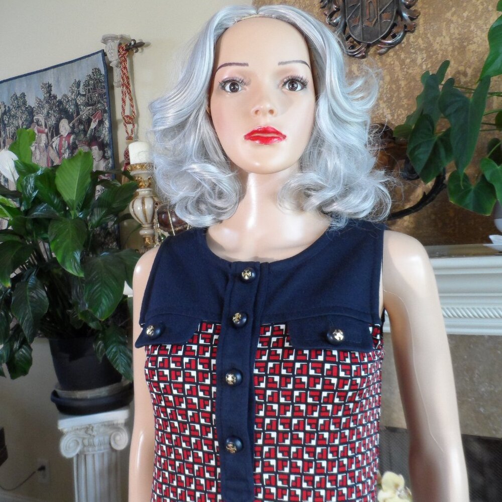 Tory Burch Silk/Wool Navy Blue/Red/White Print Sheath Dress Size XS - Picture 5 of 16